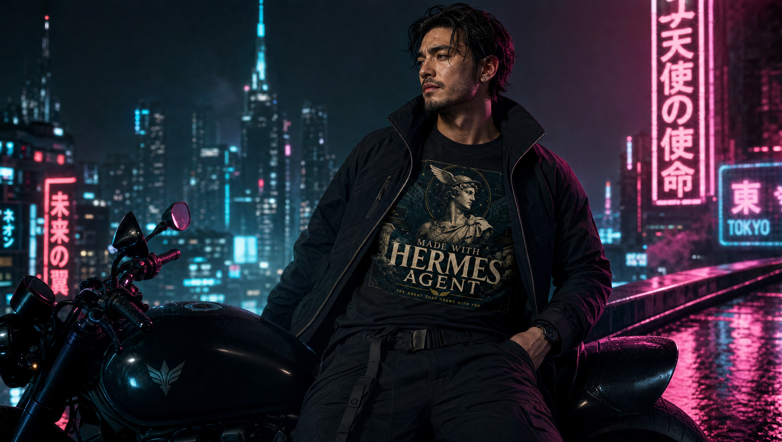 Male model on a motorcycle overlooking neo-futuristic Japan wearing the Made with Hermes-Agent tee